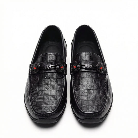 Black Embossed Loafer Shoes with Chain Detail