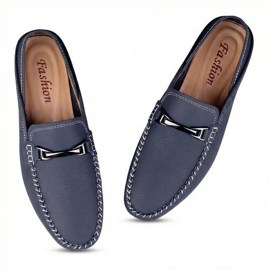 Textured Slip-On Loafers in Steel Blue with Moc-Toe Whipstitch