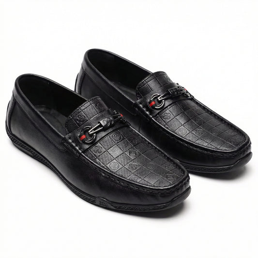 Black Embossed Loafer Shoes with Chain Detail