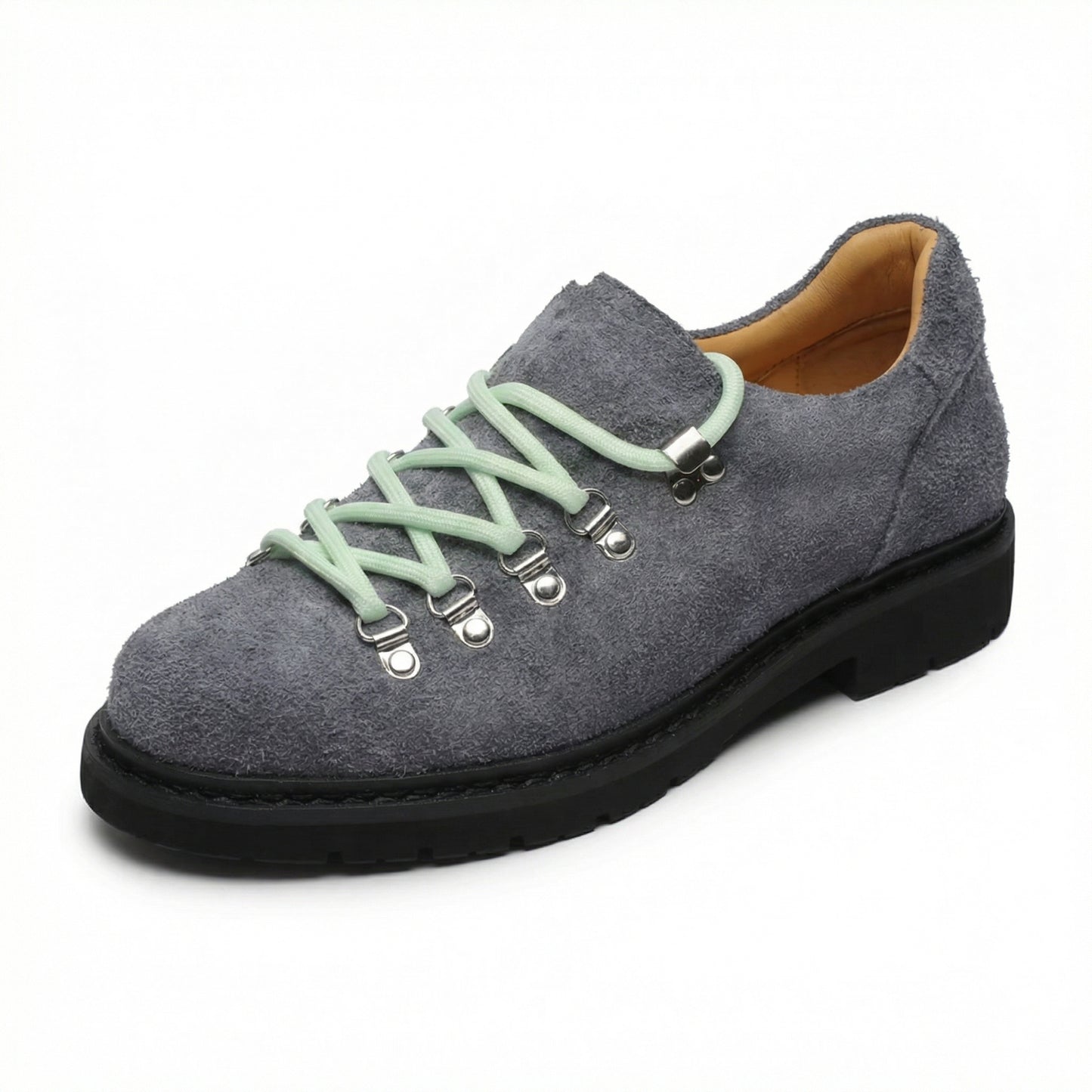 Gray Suede Lace-Up Shoe with Mint Laces and Lug Sole