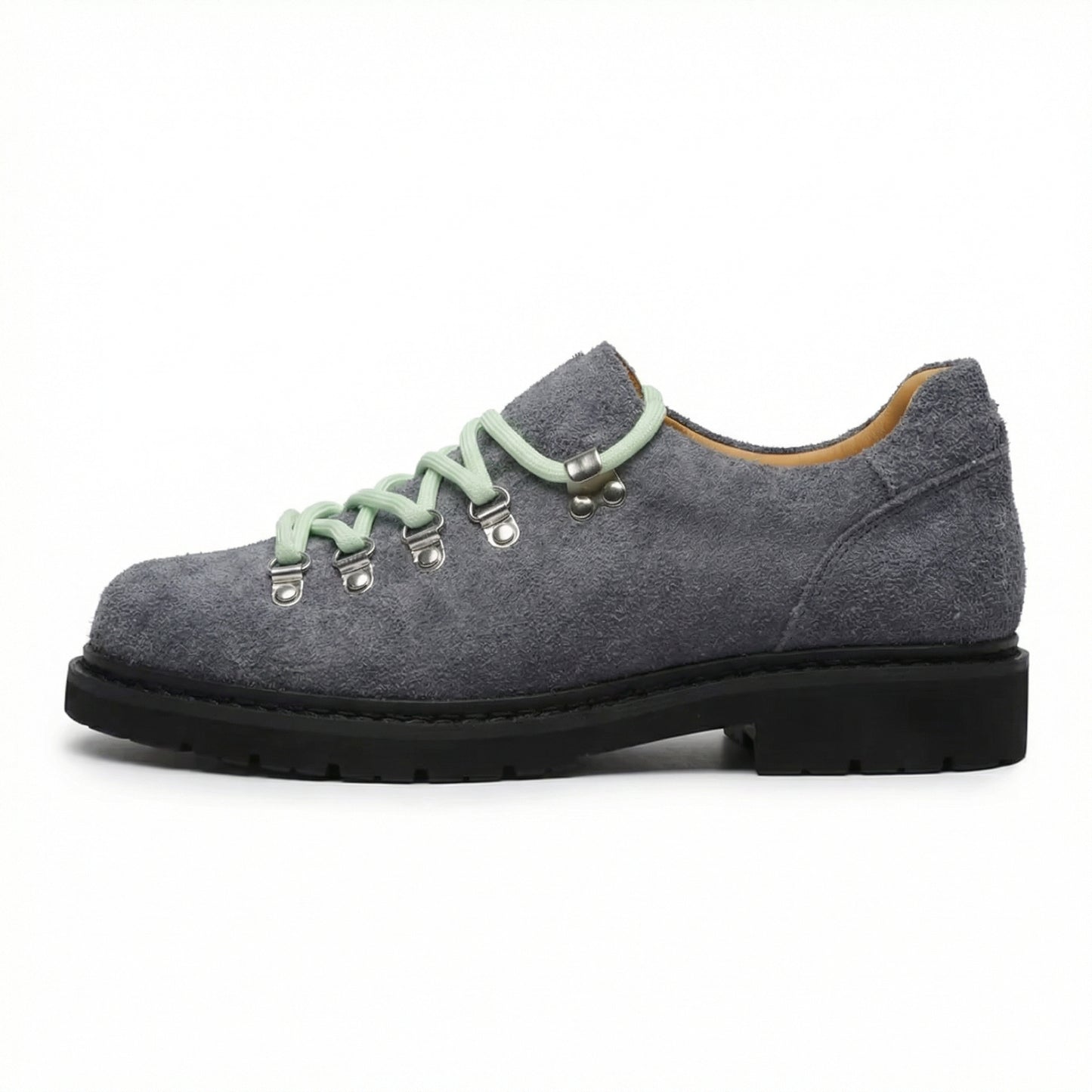 Gray Suede Lace-Up Shoe with Mint Laces and Lug Sole