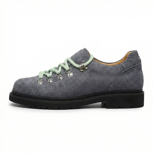 Gray Suede Lace-Up Shoe with Mint Laces and Lug Sole