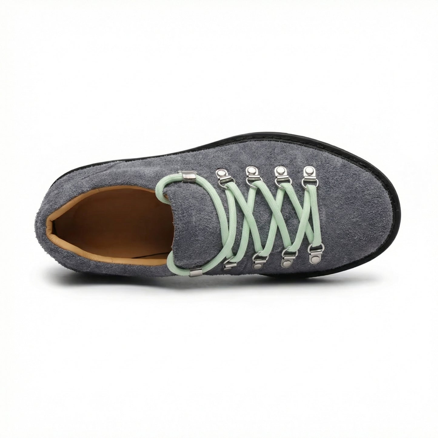 Gray Suede Lace-Up Shoe with Mint Laces and Lug Sole