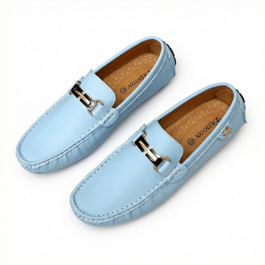 Light Blue Loafers with Gold Horsebit Detail and Tan Insole